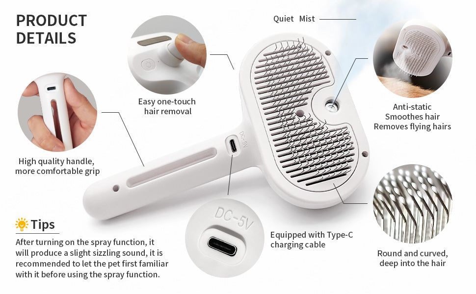 Steam Cat Brush Self-Cleaning Grooming Tool with Steam Spray Remove Floating Hair for Cats Dogs Pet Grooming Supplies Hair Care