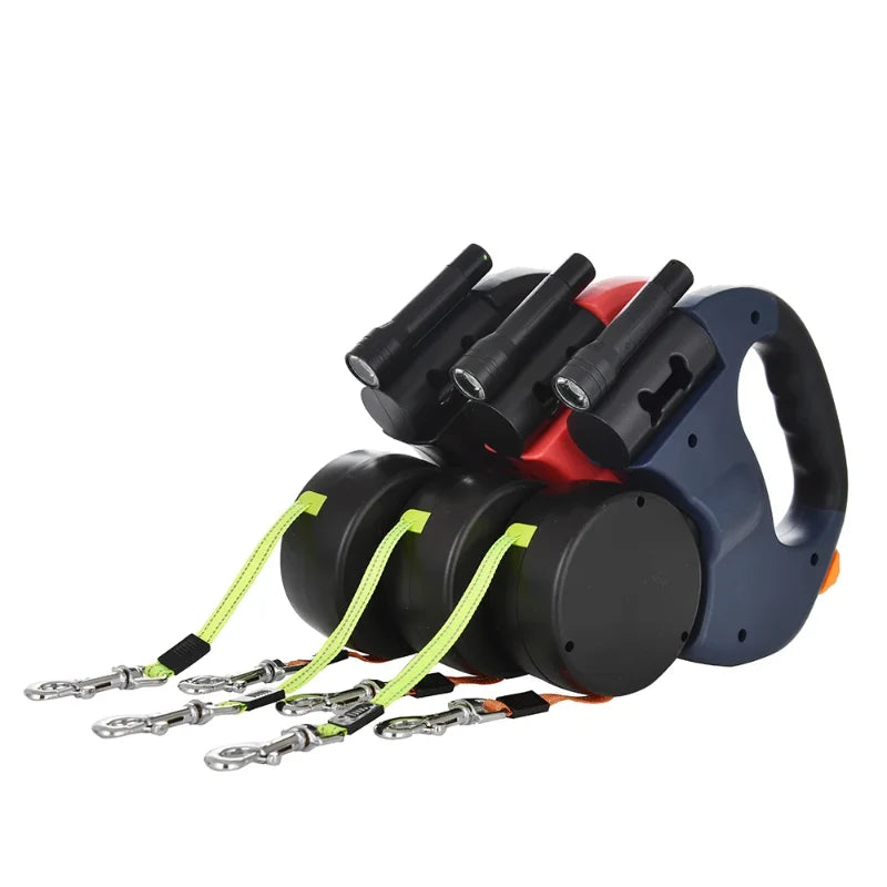 Auto Retractable Double Ended Dog Leash 3m with LED Flashlight Waste Bag Box