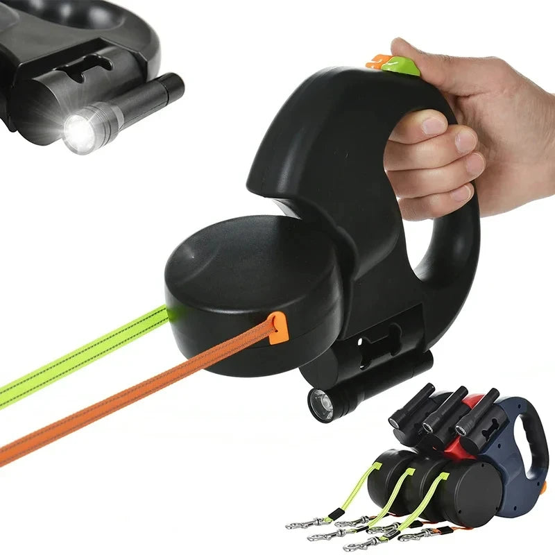 Auto Retractable Double Ended Dog Leash 3m with LED Flashlight Waste Bag Box