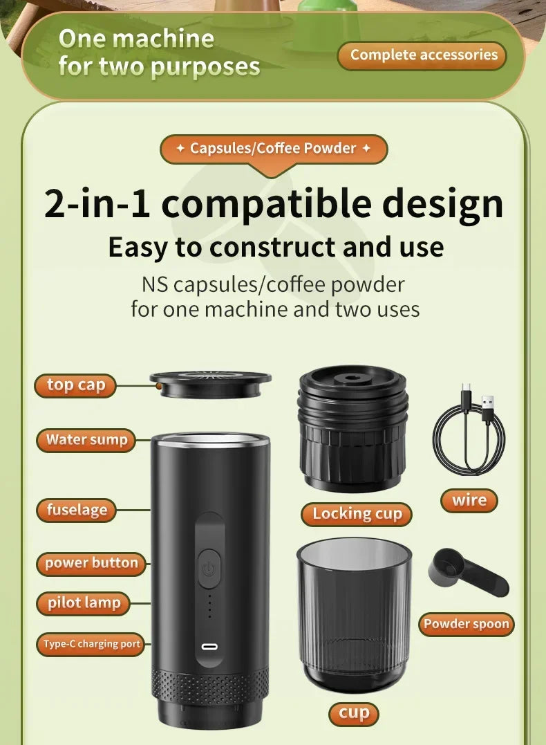 Travel 2-in-1 Wireless Portable Espresso Coffee Machine for Car & Home Camping