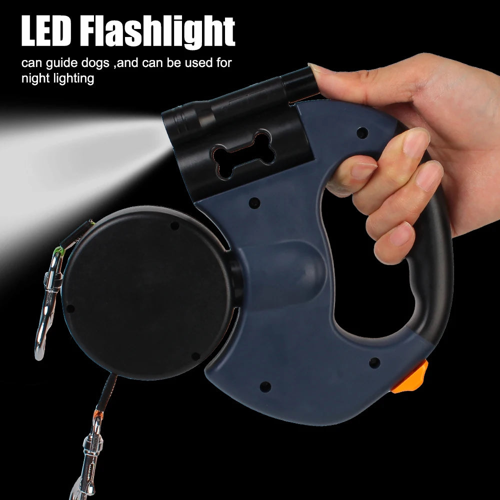 Auto Retractable Double Ended Dog Leash 3m with LED Flashlight Waste Bag Box