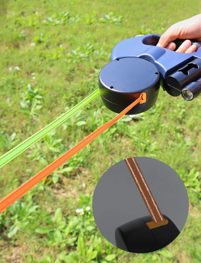 Auto Retractable Double Ended Dog Leash 3m with LED Flashlight Waste Bag Box