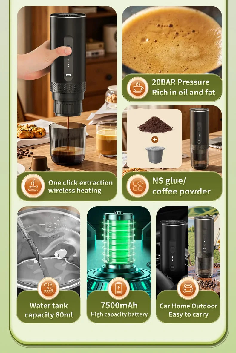 Travel 2-in-1 Wireless Portable Espresso Coffee Machine for Car & Home Camping