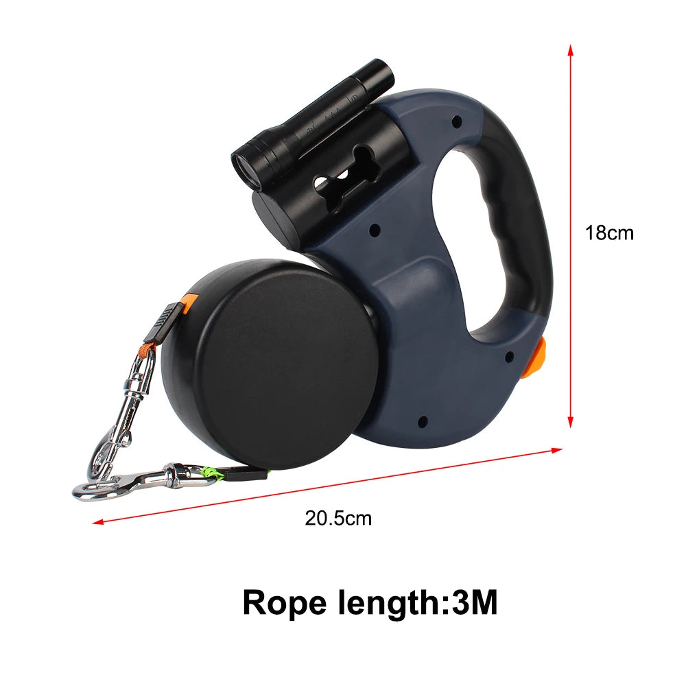 Auto Retractable Double Ended Dog Leash 3m with LED Flashlight Waste Bag Box