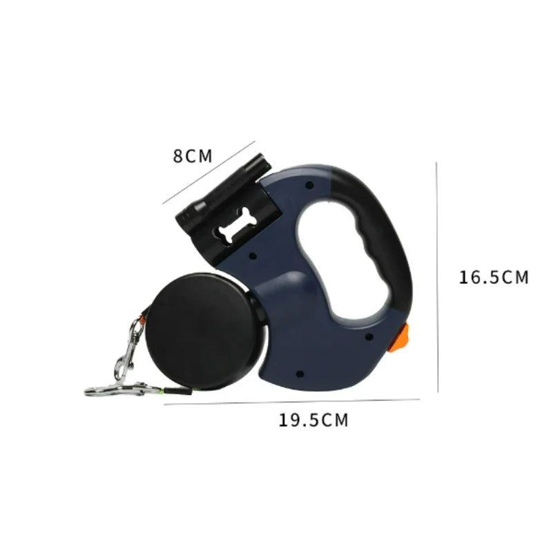 Auto Retractable Double Ended Dog Leash 3m with LED Flashlight Waste Bag Box