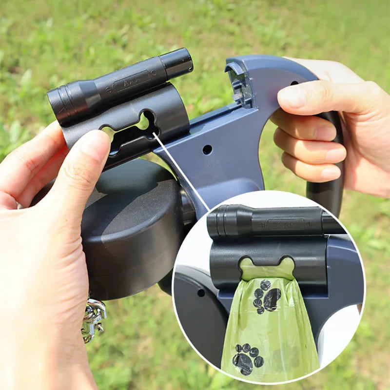 Auto Retractable Double Ended Dog Leash 3m with LED Flashlight Waste Bag Box
