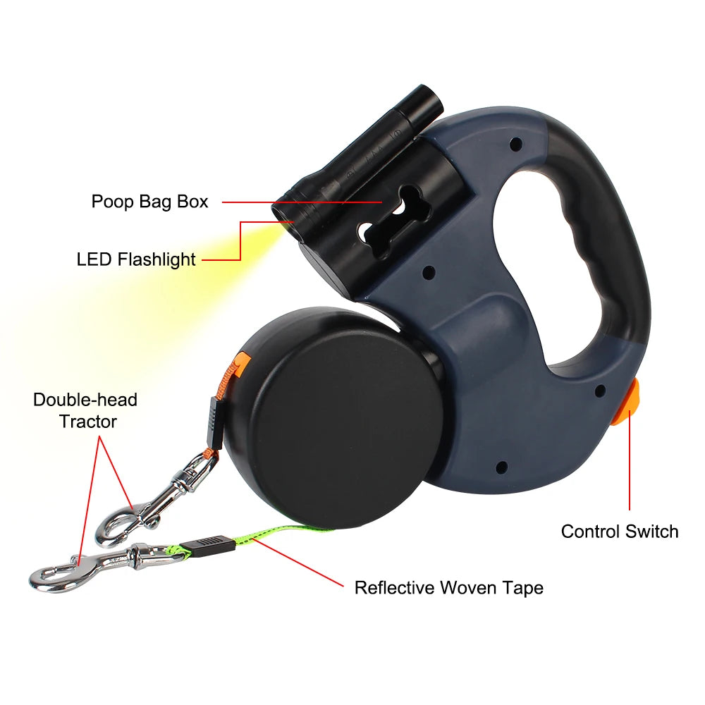 Auto Retractable Double Ended Dog Leash 3m with LED Flashlight Waste Bag Box