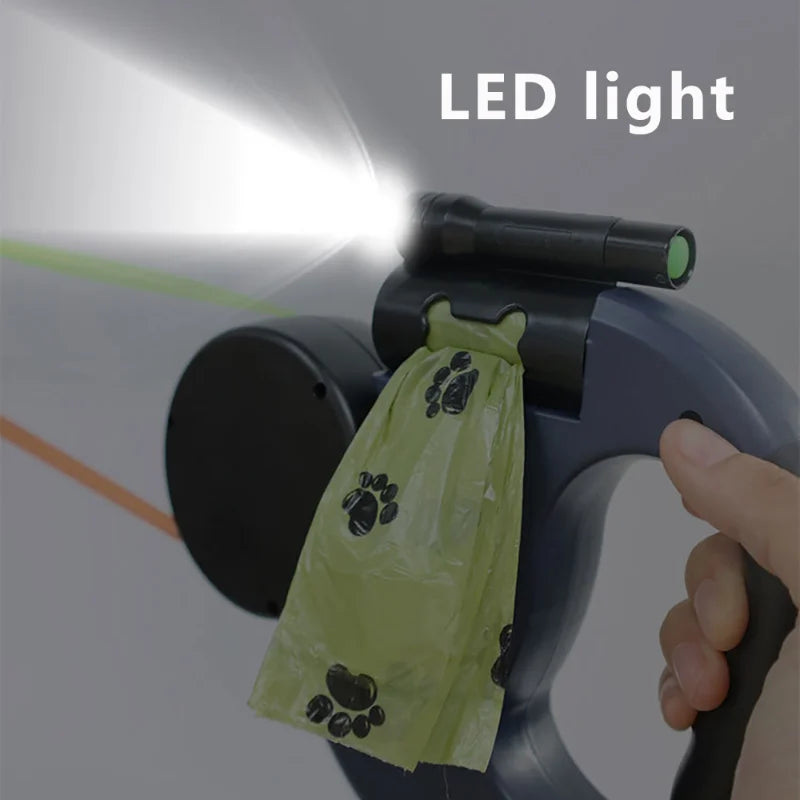 Auto Retractable Double Ended Dog Leash 3m with LED Flashlight Waste Bag Box