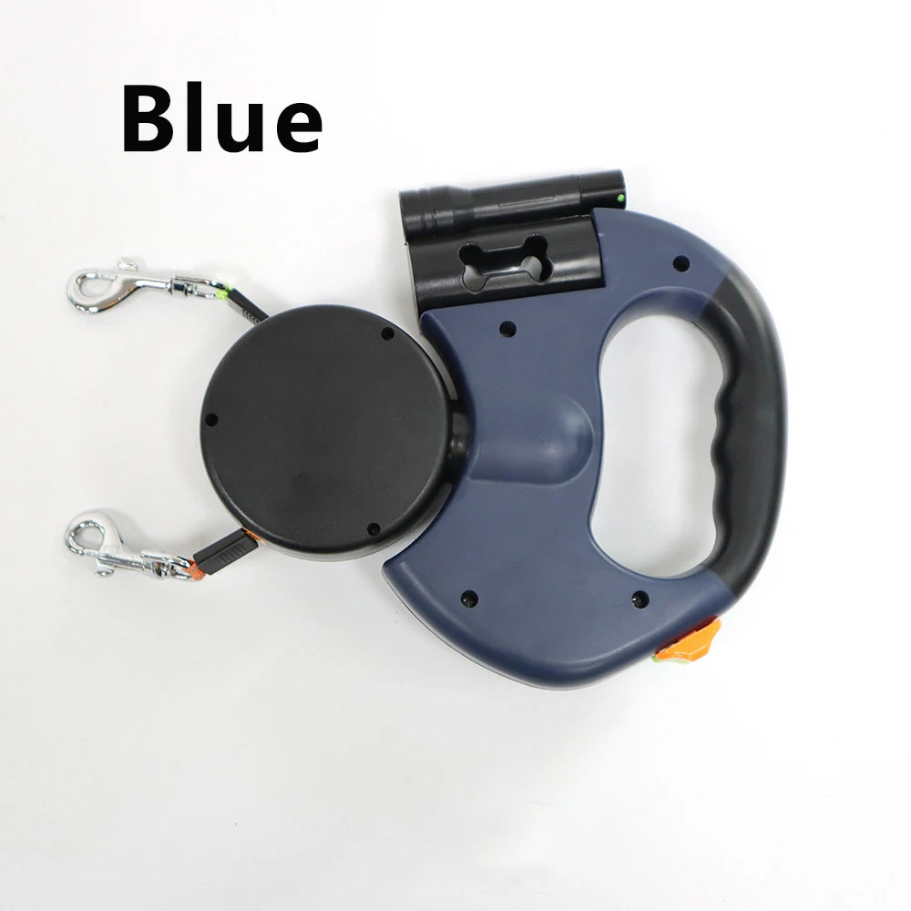 Auto Retractable Double Ended Dog Leash 3m with LED Flashlight Waste Bag Box