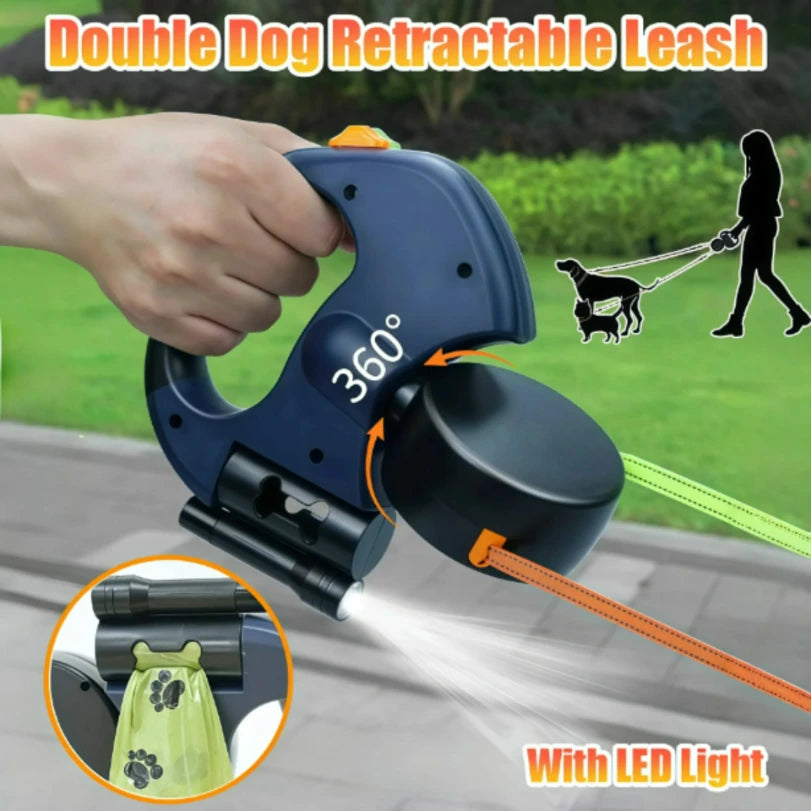 Auto Retractable Double Ended Dog Leash 3m with LED Flashlight Waste Bag Box