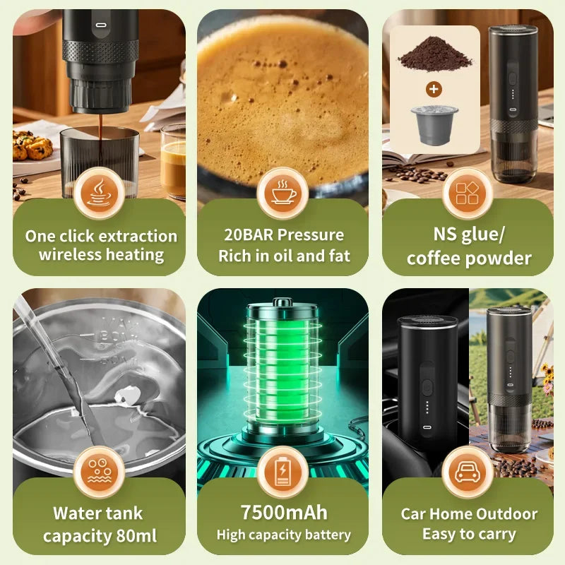 Travel 2-in-1 Wireless Portable Espresso Coffee Machine for Car & Home Camping