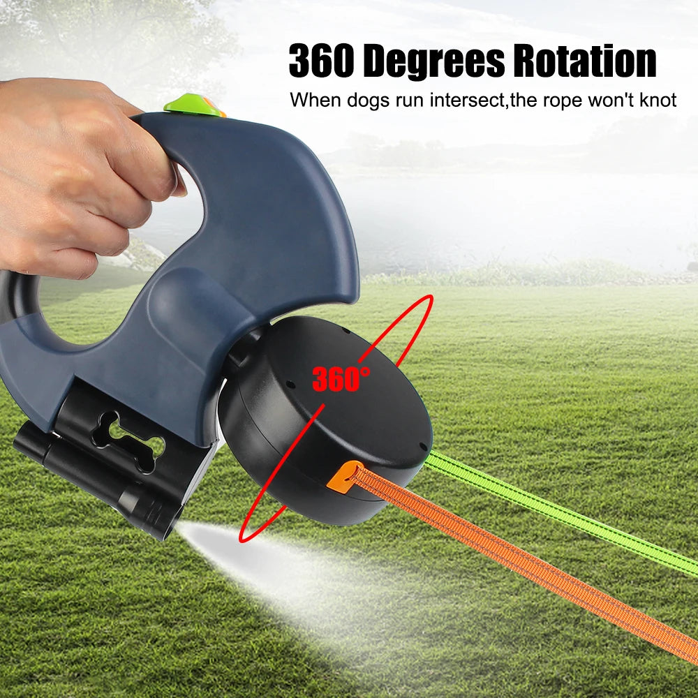 Auto Retractable Double Ended Dog Leash 3m with LED Flashlight Waste Bag Box